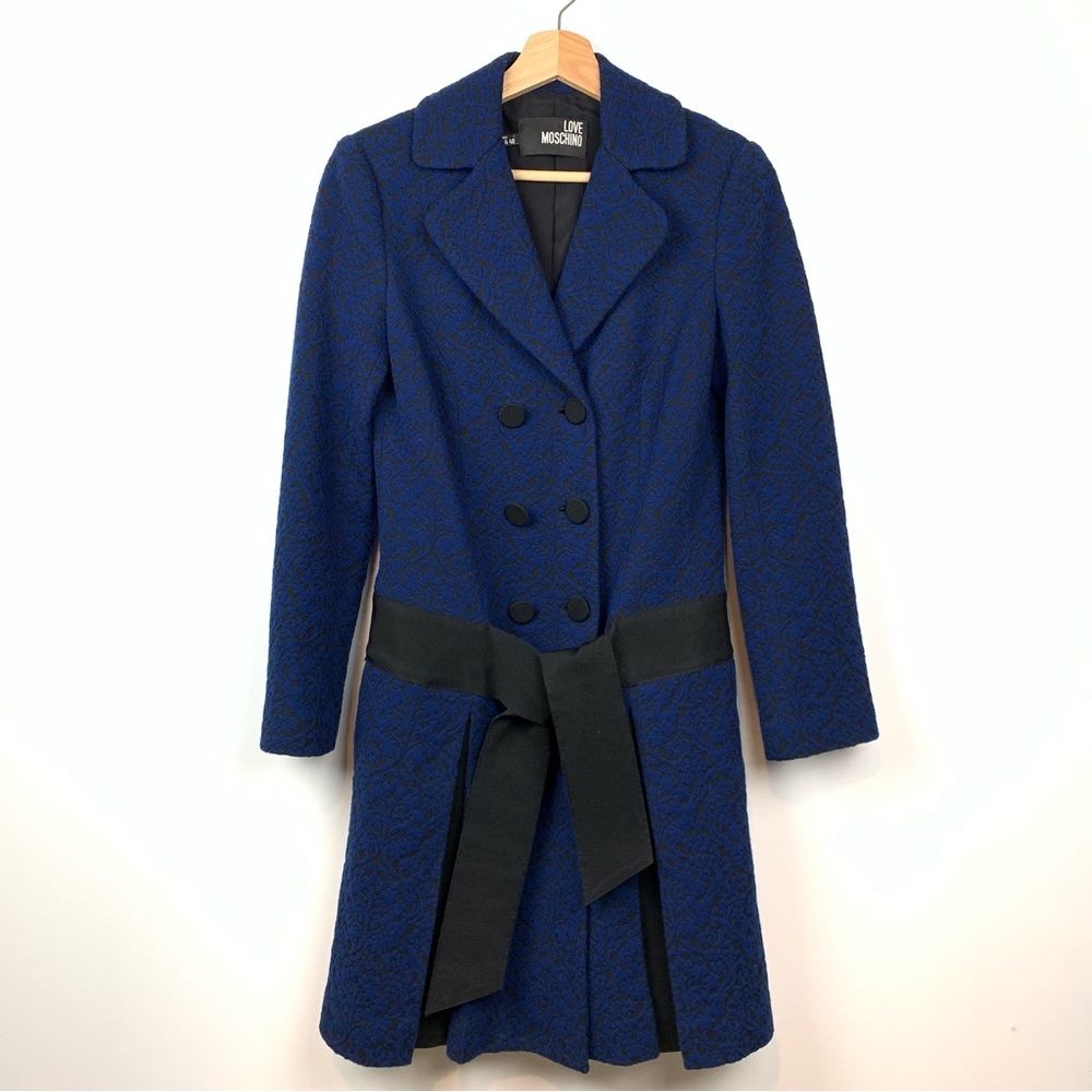 Love Moschino Jacket Blue Black Textured Sz 4 Belt Italy Quiet Luxury Elegant